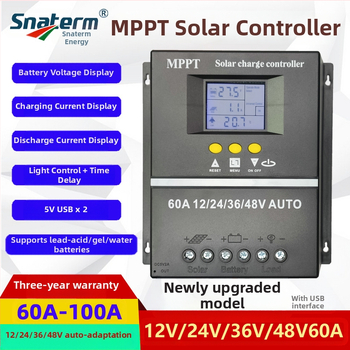 MPPT napelemes töltésvezérlő, sorozat 100A/80A/60A, 12/24/36/48V, USB interfész, energiafogyasztás 1W