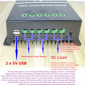 MPPT napelemes töltésvezérlő, sorozat 100A/80A/60A, 12/24/36/48V, USB interfész, energiafogyasztás 1W