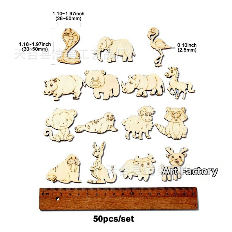Необработени дървени фигури на животни от липова шперплат — форми лисица, маймуна, слон, овца и елен; PP пакет; марка Blue and White; подходящ подарък; без IP лиценз.