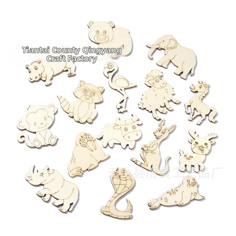 Необработени дървени фигури на животни от липова шперплат — форми лисица, маймуна, слон, овца и елен; PP пакет; марка Blue and White; подходящ подарък; без IP лиценз.
