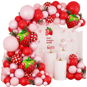 Lateksiniai apvalūs dekoratyviniai balionai, balionų grandinės rinkinys su braškių tema gimtadienio fono dekoracijai, logotipo spausdinimas galimas, svoris 400 g