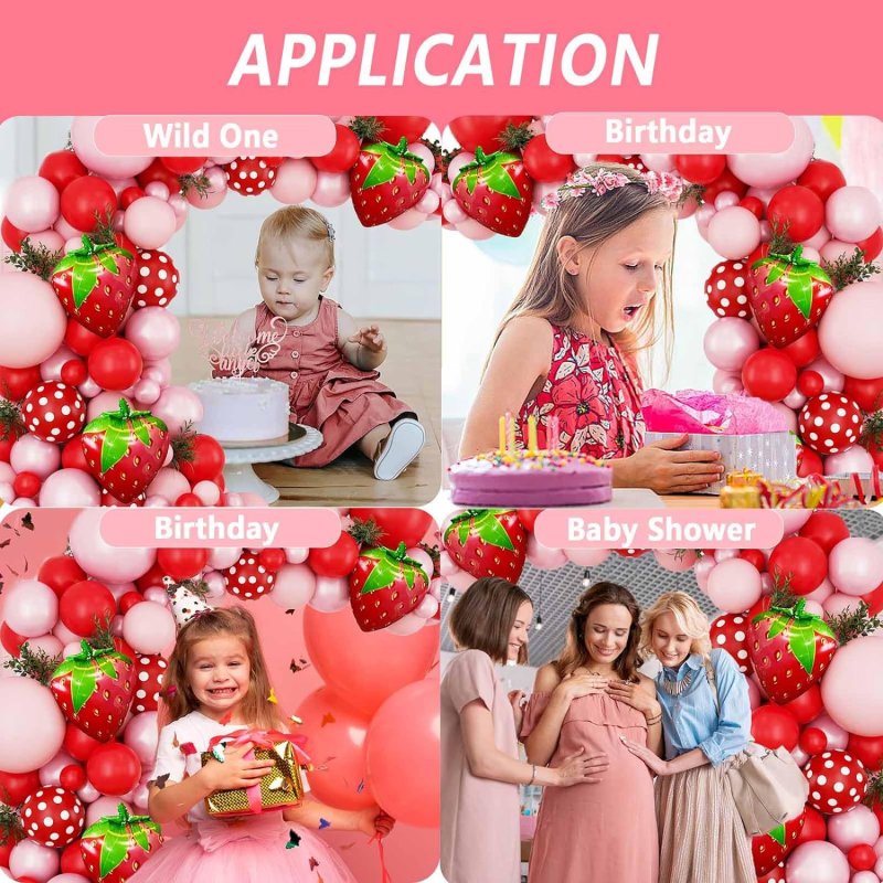 Lateksiniai apvalūs dekoratyviniai balionai, balionų grandinės rinkinys su braškių tema gimtadienio fono dekoracijai, logotipo spausdinimas galimas, svoris 400 g