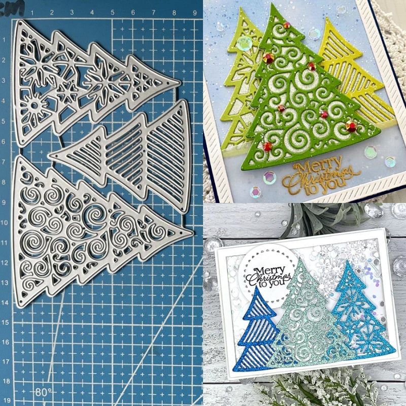 Set reznih i reljefnih kalupa s motivom božićnog drvca za izradu čestitki, ugljična čelika, scrapbooking