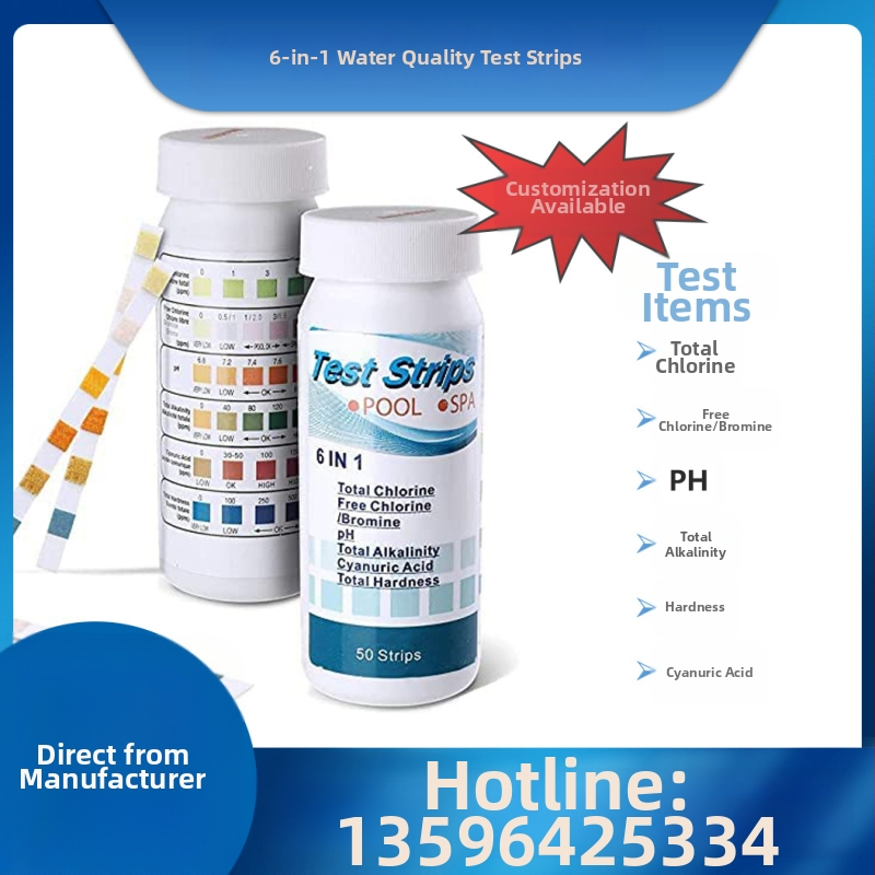 6-in-1 daugiafunkcinis vandens kokybės testavimo popierius: modelis W-6; matuoja bendrą chlorą, likusį chlorą, pH, bendrąjį alkalinitetą ir kietumą