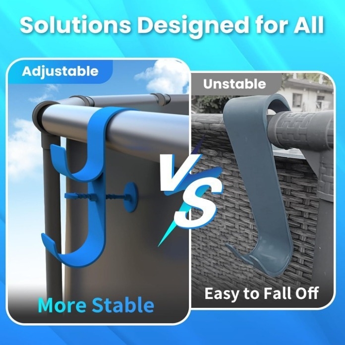 Kültéri műanyag medencetartó kampóval, dupla kampó kialakítás, stabil támogatás, terhelés 1–3 kg