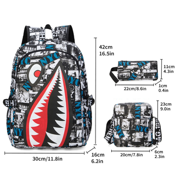 Учебна раница за момчета, пети до шести клас, Oxford платно, дишаща, водоустойчива, против кражба, дизайн с акула в стил аниме