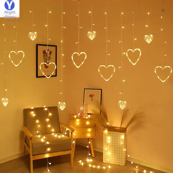 Širdies formos užuolaidų šviestuvai su žvaigždžių elementais – 6W, 220V, IP44, Modelis 000321, CE sertifikuotas