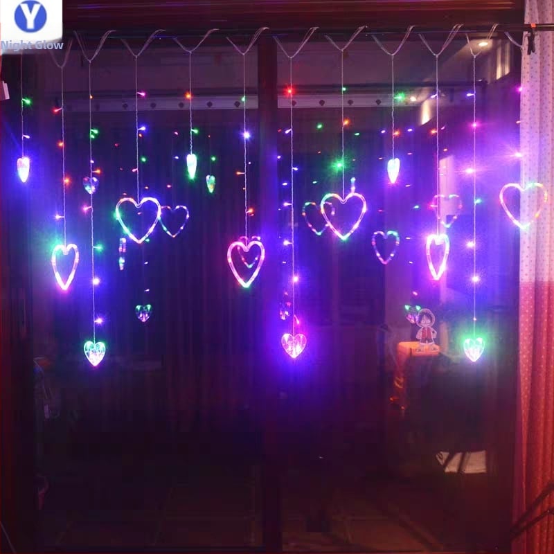 Širdies formos užuolaidų šviestuvai su žvaigždžių elementais – 6W, 220V, IP44, Modelis 000321, CE sertifikuotas