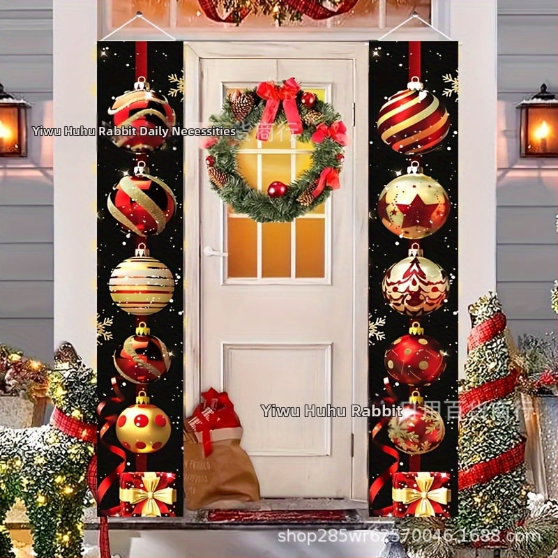 Коледна лента за входна врата с двойни надписи – минималистичен реквизит за сценично оформление