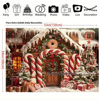 Ταπετσαρία τοίχου: Άνετο Χριστουγεννιάτικο εξοχικό σπίτι με φόντο καραμέλες-ραβδάκι, πολυεστέρας, στυλ Gingerbread man crutches, διακόσμηση Χριστουγέννων, εξάρτημα διαρρύθμισης χώρου