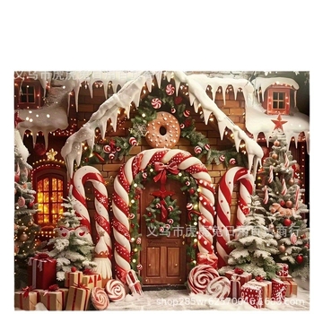 Ταπετσαρία τοίχου: Άνετο Χριστουγεννιάτικο εξοχικό σπίτι με φόντο καραμέλες-ραβδάκι, πολυεστέρας, στυλ Gingerbread man crutches, διακόσμηση Χριστουγέννων, εξάρτημα διαρρύθμισης χώρου