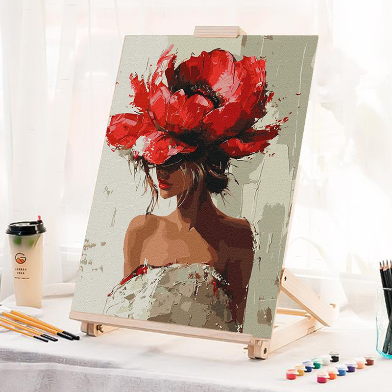 Дигитална маслена картина с момиче и цветя – DIY ръчно рисувана, без рамка, за хол и ресторант, модерен минималистичен стил