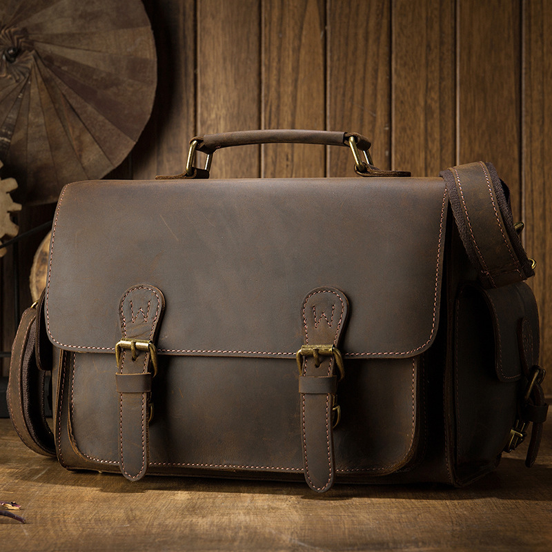 Kézzel készített Crazy Horse bőrtáska DSLR-kamerához férfiaknak — vintage oldaltáska, első réteg bőr, modell 6392