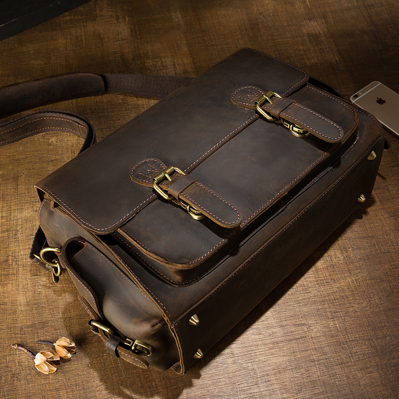 Kézzel készített Crazy Horse bőrtáska DSLR-kamerához férfiaknak — vintage oldaltáska, első réteg bőr, modell 6392