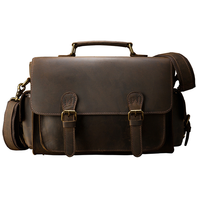 Kézzel készített Crazy Horse bőrtáska DSLR-kamerához férfiaknak — vintage oldaltáska, első réteg bőr, modell 6392