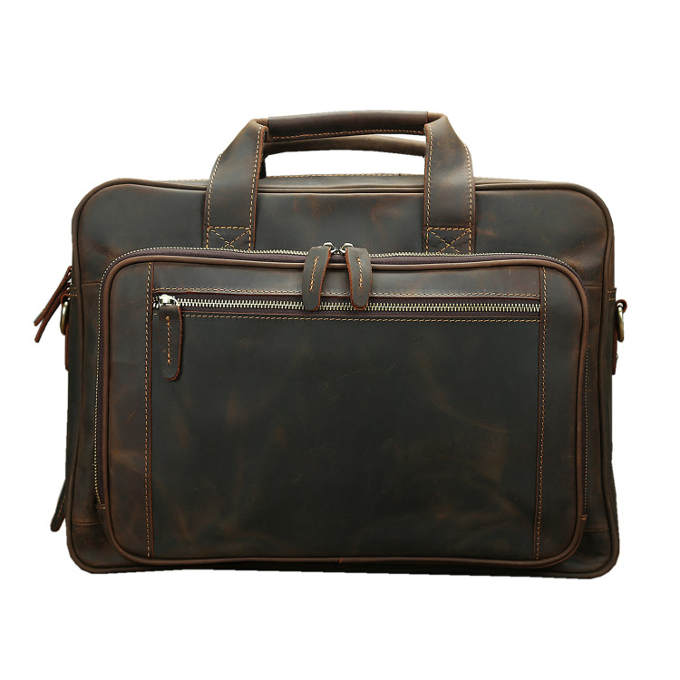 Férfi bőrből készült üzleti táska laptophoz – vízszintes négyszögletes forma, cipzáras nyitás, belső rekeszek, laptop zseb