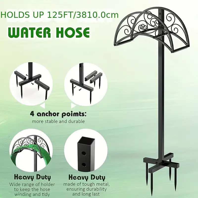 Kerti tömlő tároló állvány, vasból, mozgatható, talajra szerelhető, modern minimalist stílus, egyszintes