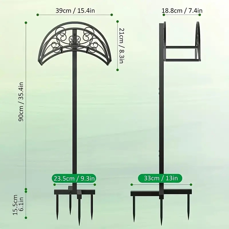 Kerti tömlő tároló állvány, vasból, mozgatható, talajra szerelhető, modern minimalist stílus, egyszintes