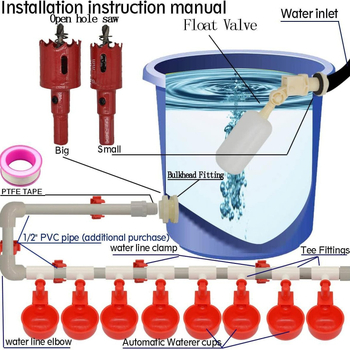 Σετ αυτοματοποιημένης τροφοδότησης και ποτίσματος για πτηνά με σωληνωτό σύστημα, εξαρτήματα PVC tee, ποτίστρα νερού και συνδετήρας δεξαμενής