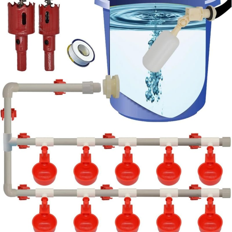 Σετ αυτοματοποιημένης τροφοδότησης και ποτίσματος για πτηνά με σωληνωτό σύστημα, εξαρτήματα PVC tee, ποτίστρα νερού και συνδετήρας δεξαμενής