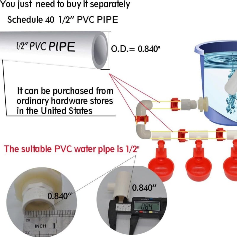 Σετ αυτοματοποιημένης τροφοδότησης και ποτίσματος για πτηνά με σωληνωτό σύστημα, εξαρτήματα PVC tee, ποτίστρα νερού και συνδετήρας δεξαμενής