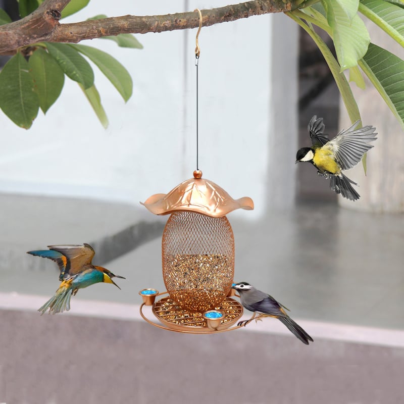 Pakabinama geležinė lesyklėlė paukščiams, atspari graužikams, su vandens girdymo įrenginiu kolibriams