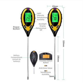 Τεστ εδάφους τεσσάρων λειτουργιών με υγρασία, pH, αισθητήρα θρεπτικών και θερμόμετρο; για κηπουρική και φύτευση; βάρος 115 g