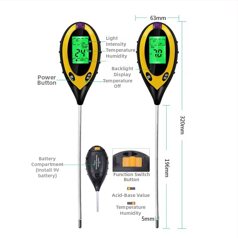 Τεστ εδάφους τεσσάρων λειτουργιών με υγρασία, pH, αισθητήρα θρεπτικών και θερμόμετρο; για κηπουρική και φύτευση; βάρος 115 g