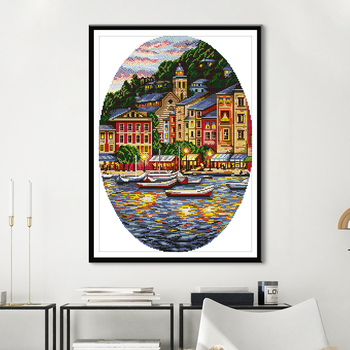 Комплект за кръстат бод: пейзаж на морски град върху 11CT плат от екологичен памук за декорация в дневна, спалня и кабинет