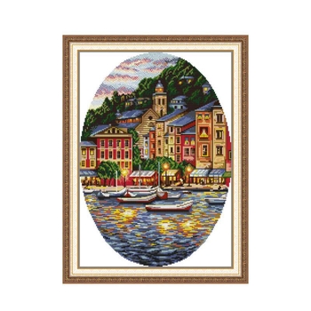 Комплект за кръстат бод: пейзаж на морски град върху 11CT плат от екологичен памук за декорация в дневна, спалня и кабинет