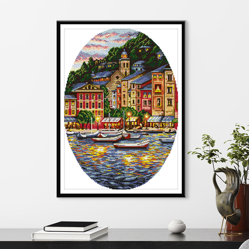 Комплект за кръстат бод: пейзаж на морски град върху 11CT плат от екологичен памук за декорация в дневна, спалня и кабинет