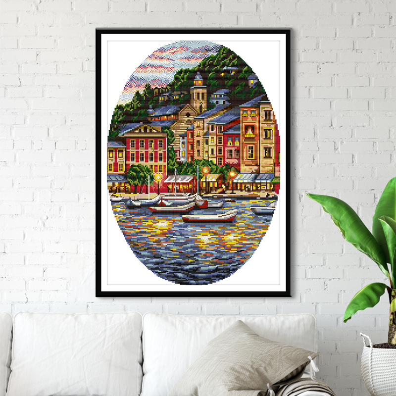 Комплект за кръстат бод: пейзаж на морски град върху 11CT плат от екологичен памук за декорация в дневна, спалня и кабинет