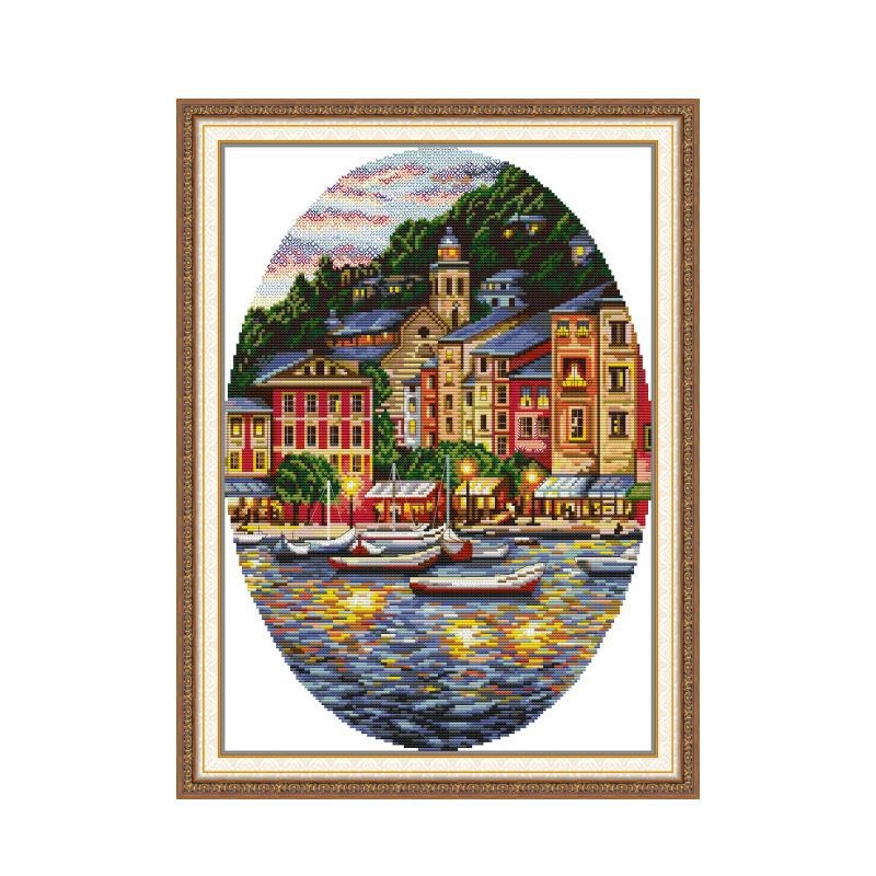 Комплект за кръстат бод: пейзаж на морски град върху 11CT плат от екологичен памук за декорация в дневна, спалня и кабинет