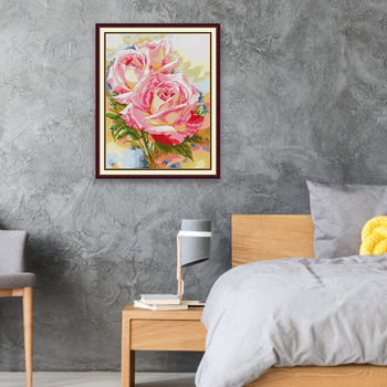 Комплект за кръстосана бродерия – мотив две рози и растения, платно 11CT, материал: екологичен памук, включени нишки