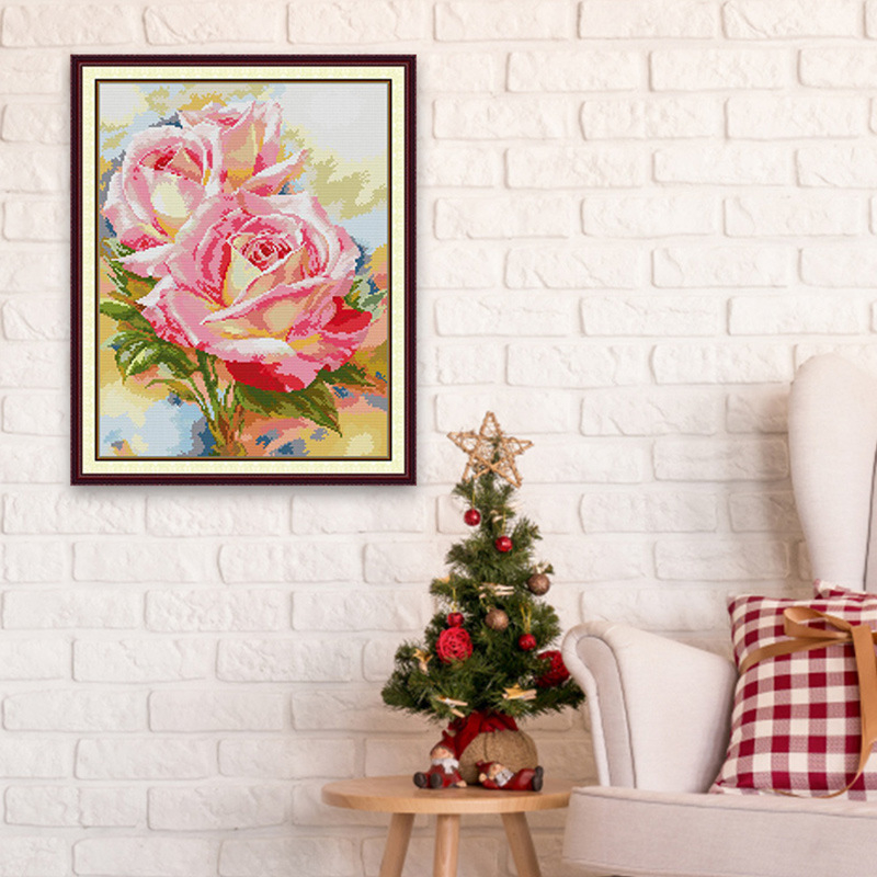 Комплект за кръстосана бродерия – мотив две рози и растения, платно 11CT, материал: екологичен памук, включени нишки