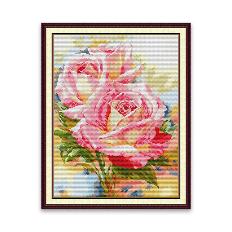 Комплект за кръстосана бродерия – мотив две рози и растения, платно 11CT, материал: екологичен памук, включени нишки