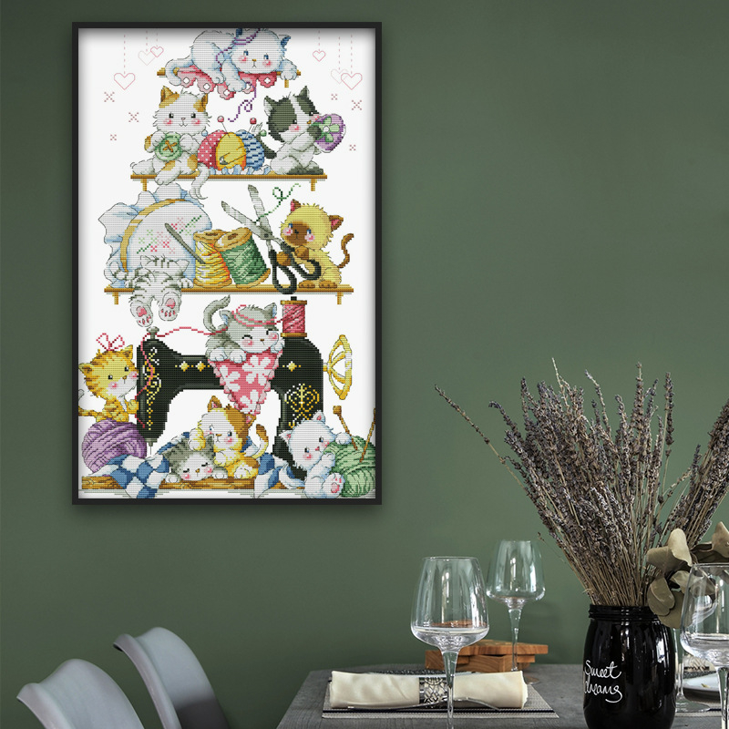 Комплект за кръстат брод — дизайн с коте, 11CT плат, екологичен памук/чист памук, DIY кръстат брод