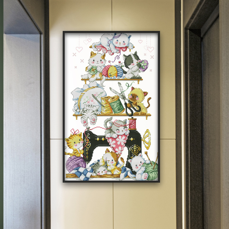 Комплект за кръстат брод — дизайн с коте, 11CT плат, екологичен памук/чист памук, DIY кръстат брод