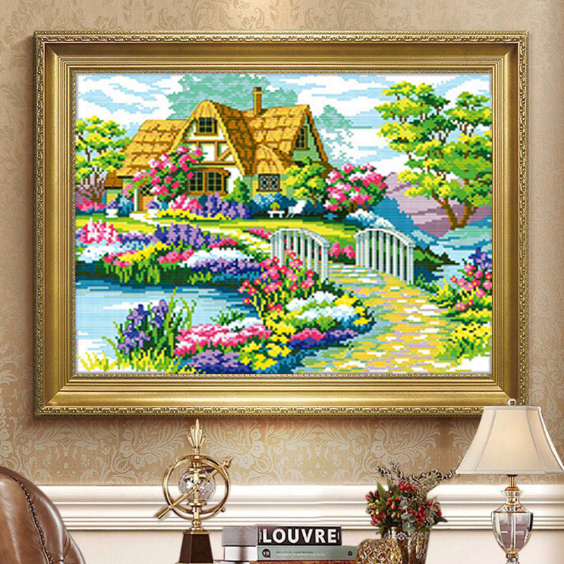 Пасторална кръстосана бродерия – Ландшафт с цветя, 11CT, за дневна, спалня и кабинет