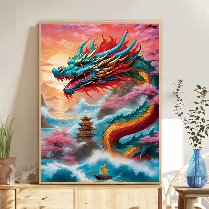 Комплект за кръстат бод, платно 9CT, модерен китайски стил, мотив дракон-зодия