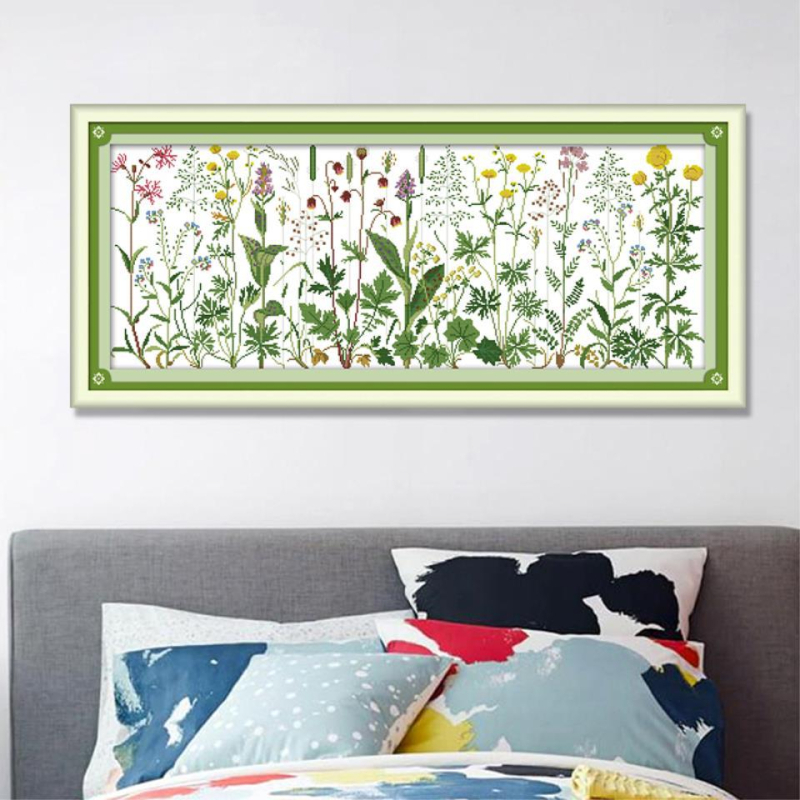 Комплект за кръстат бод – пейзажна ливада с цветя, 11CT, Еко памук/Чист памук, модерен стил