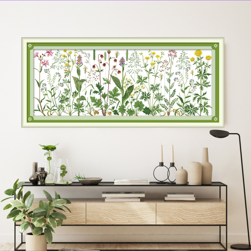 Комплект за кръстат бод – пейзажна ливада с цветя, 11CT, Еко памук/Чист памук, модерен стил