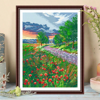 Набор за кръстосан бод: Утринна градина и пътека, пейзажен мотив, плат 11CT, материал: екологичен памук/чист памук, модерен минимализъм