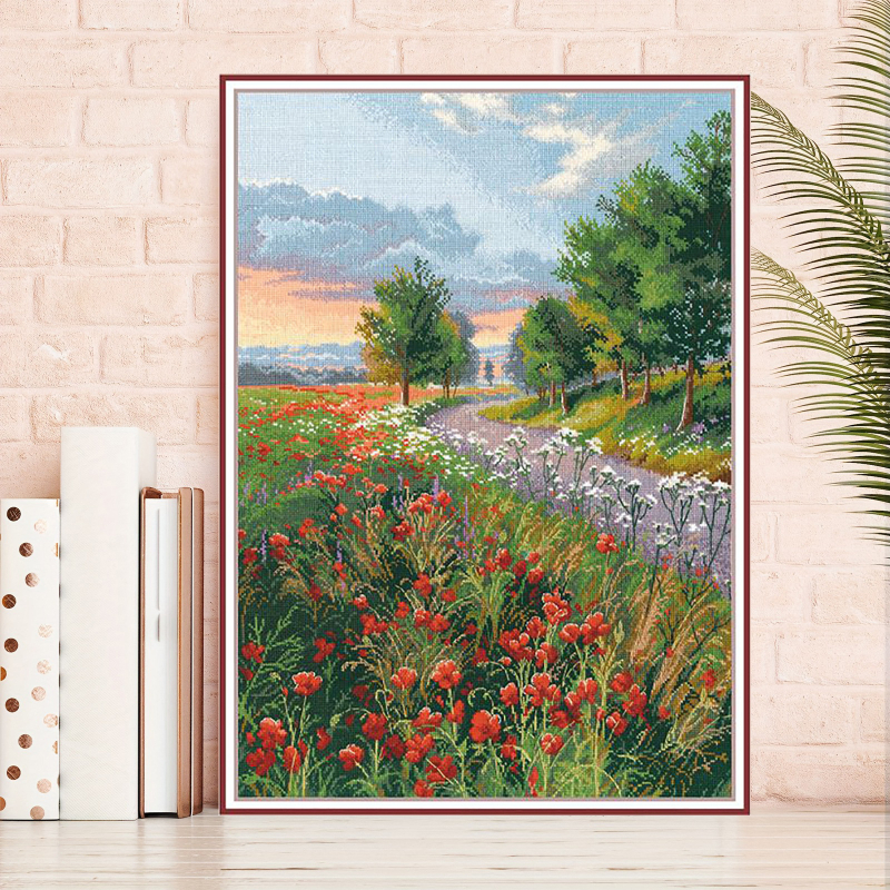 Набор за кръстосан бод: Утринна градина и пътека, пейзажен мотив, плат 11CT, материал: екологичен памук/чист памук, модерен минимализъм