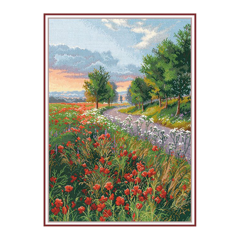 Набор за кръстосан бод: Утринна градина и пътека, пейзажен мотив, плат 11CT, материал: екологичен памук/чист памук, модерен минимализъм