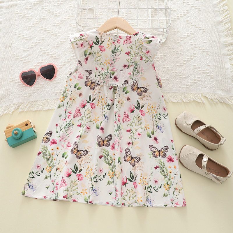 Meitenēm floral printēta bez piedurknēm kleita ar apaļu kaklu, A-līnijas siluets, princeses stila kleita