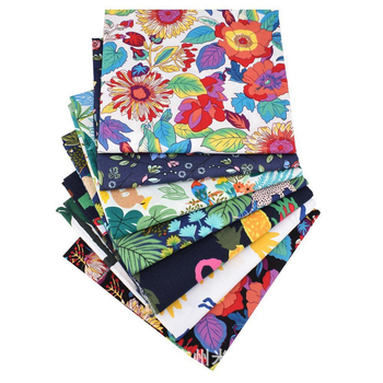 Комплект Patchwork платове, 7 броя – памучен плат с флорален принт, дизайн на тропическа джунгла, за DIY шиене