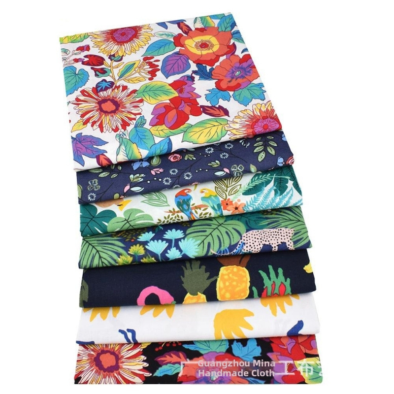 Комплект Patchwork платове, 7 броя – памучен плат с флорален принт, дизайн на тропическа джунгла, за DIY шиене