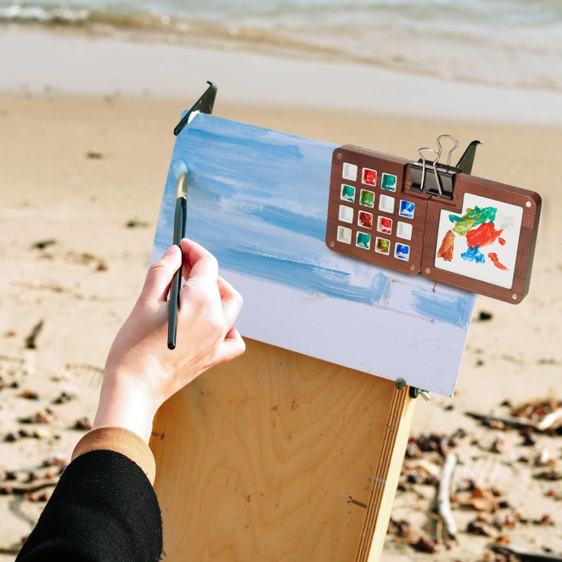 Medinė nešiojama akvarelės paletė — lauko tapybai, iš serijos paletės