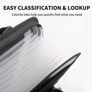 Wei Bin WB-FHFQ-01 кожена аккордеонна папка за документи, 12 секции, 13 джобове, прозрачни вътрешни страници, предни и задни джобове, с лого